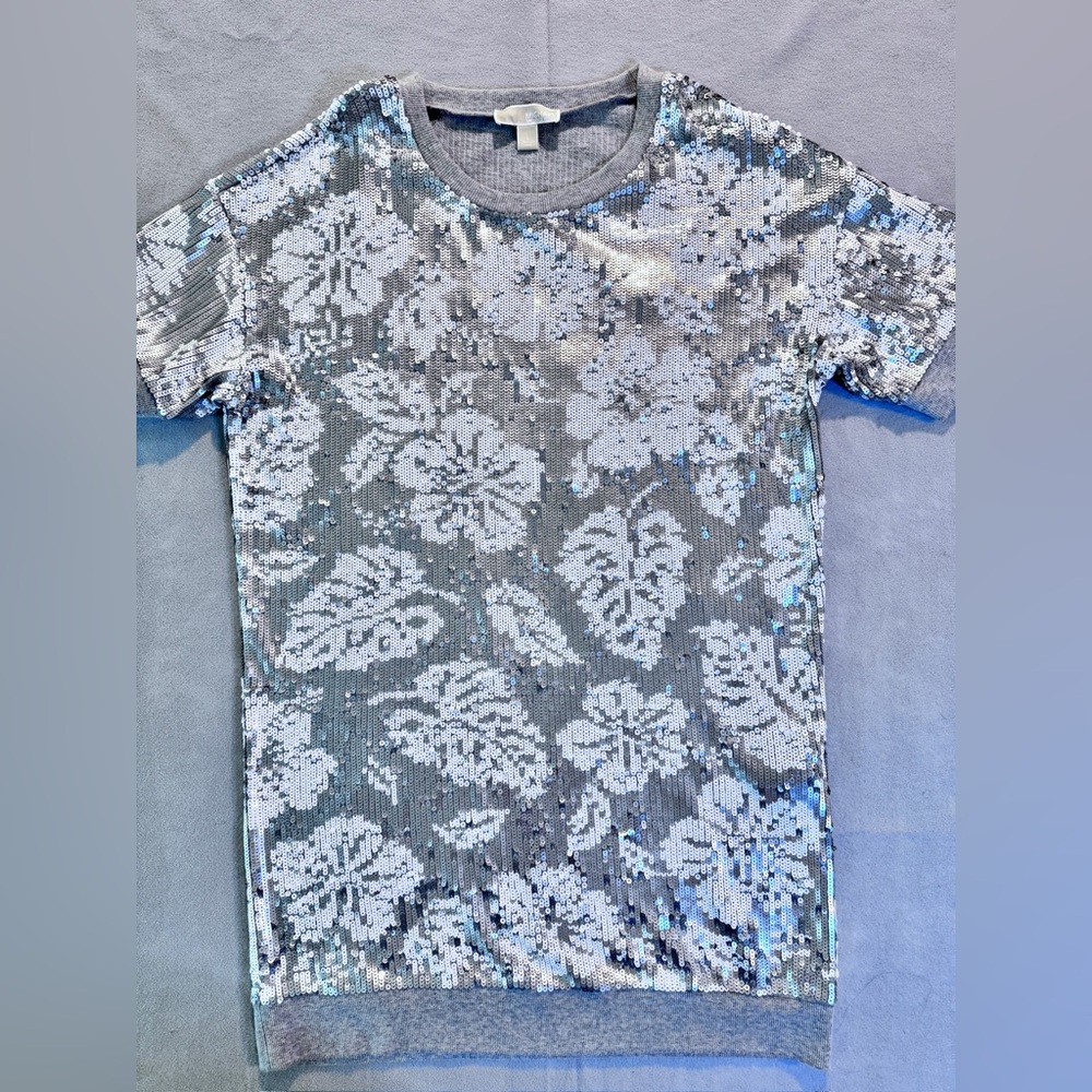 MICHAEL KORS Tropical Sequin Dress Tunic White Gray Large Hawaiian Resort Beach
